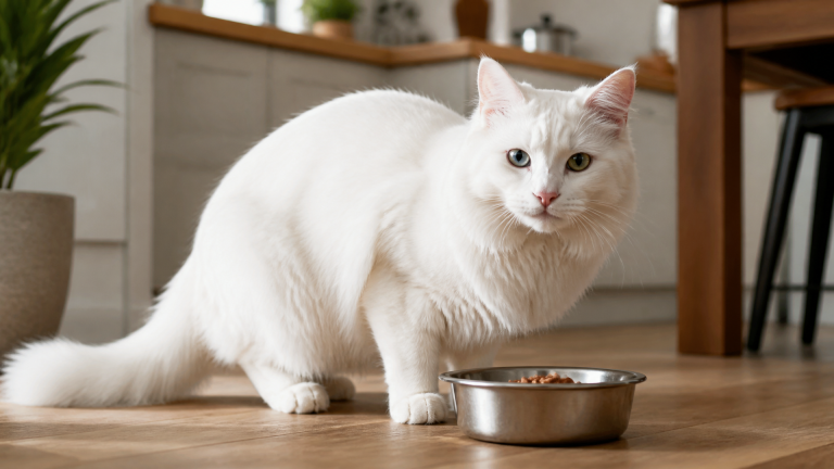 White Turkish Angora cat with blue and amber eyes lounging on a soft blanket