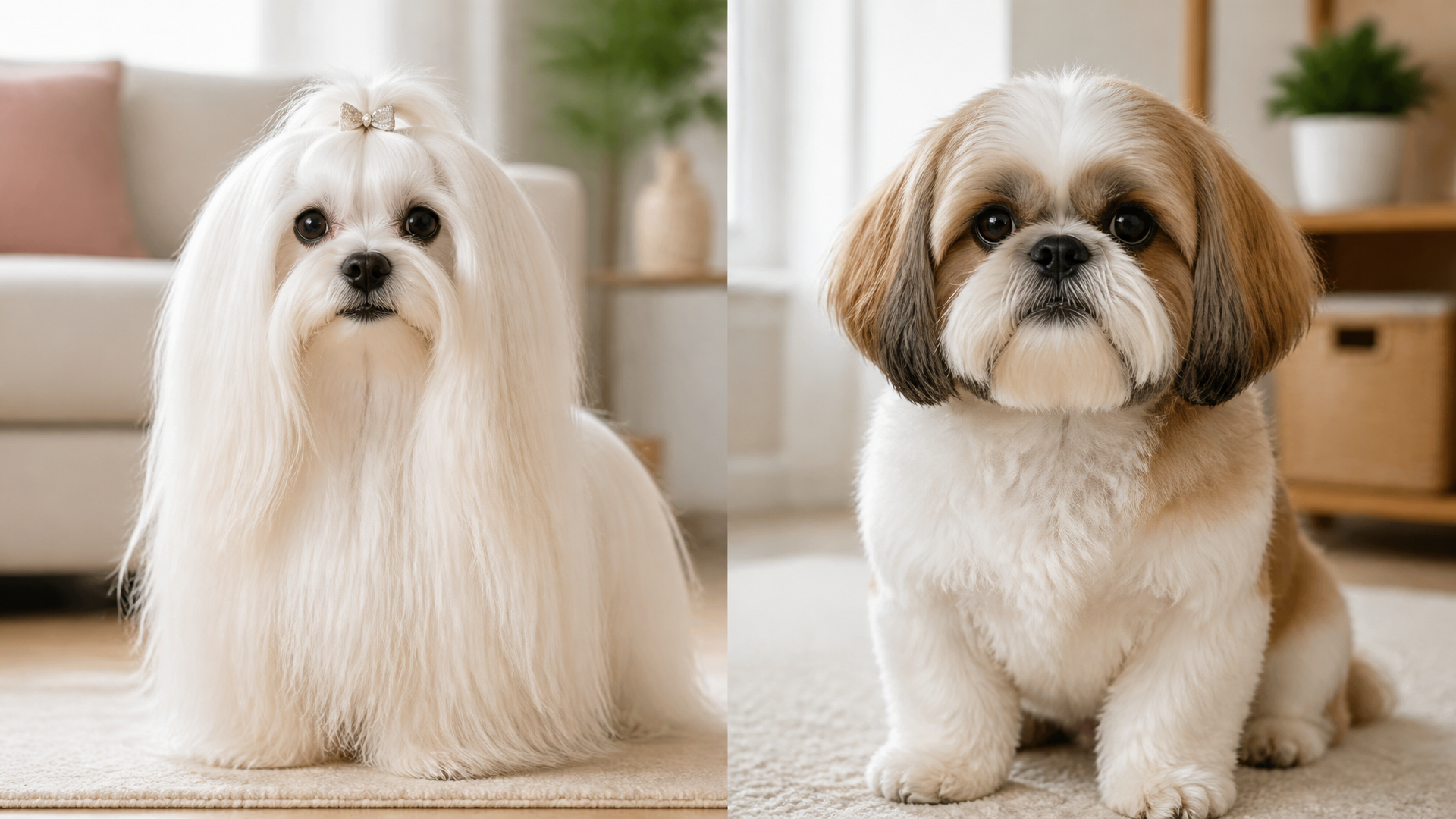 A happy Maltese Shih Tzu mix sitting on a soft blanket, looking at the camera with a relaxed expression.
