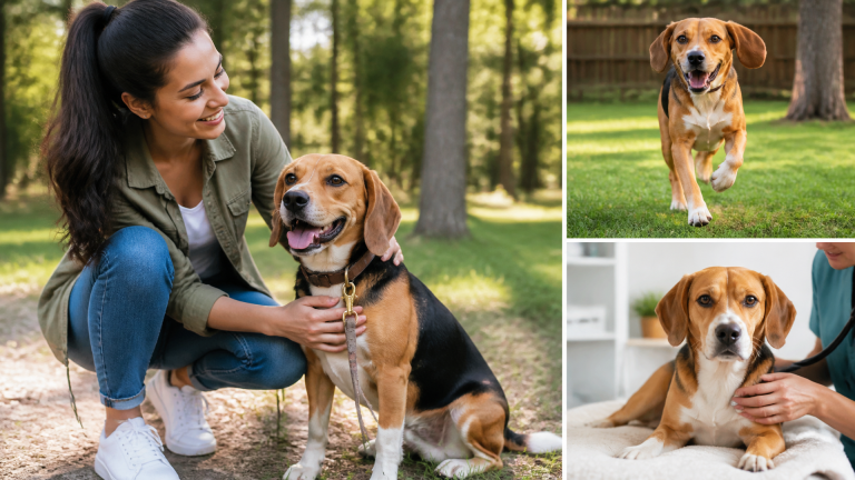 A Beagle Lab mix dog sitting on grass with a gentle expression, showcasing its floppy ears and brown coat.