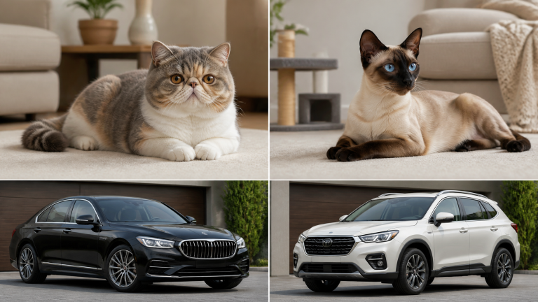Exotic Shorthair cat with round face and large eyes sitting on a soft blanket, looking at the camera