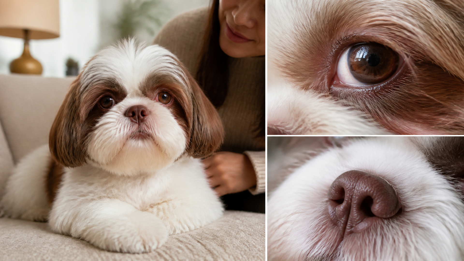 Close-up of a liver line Shih Tzu with brown nose, dark eyes, and golden coat