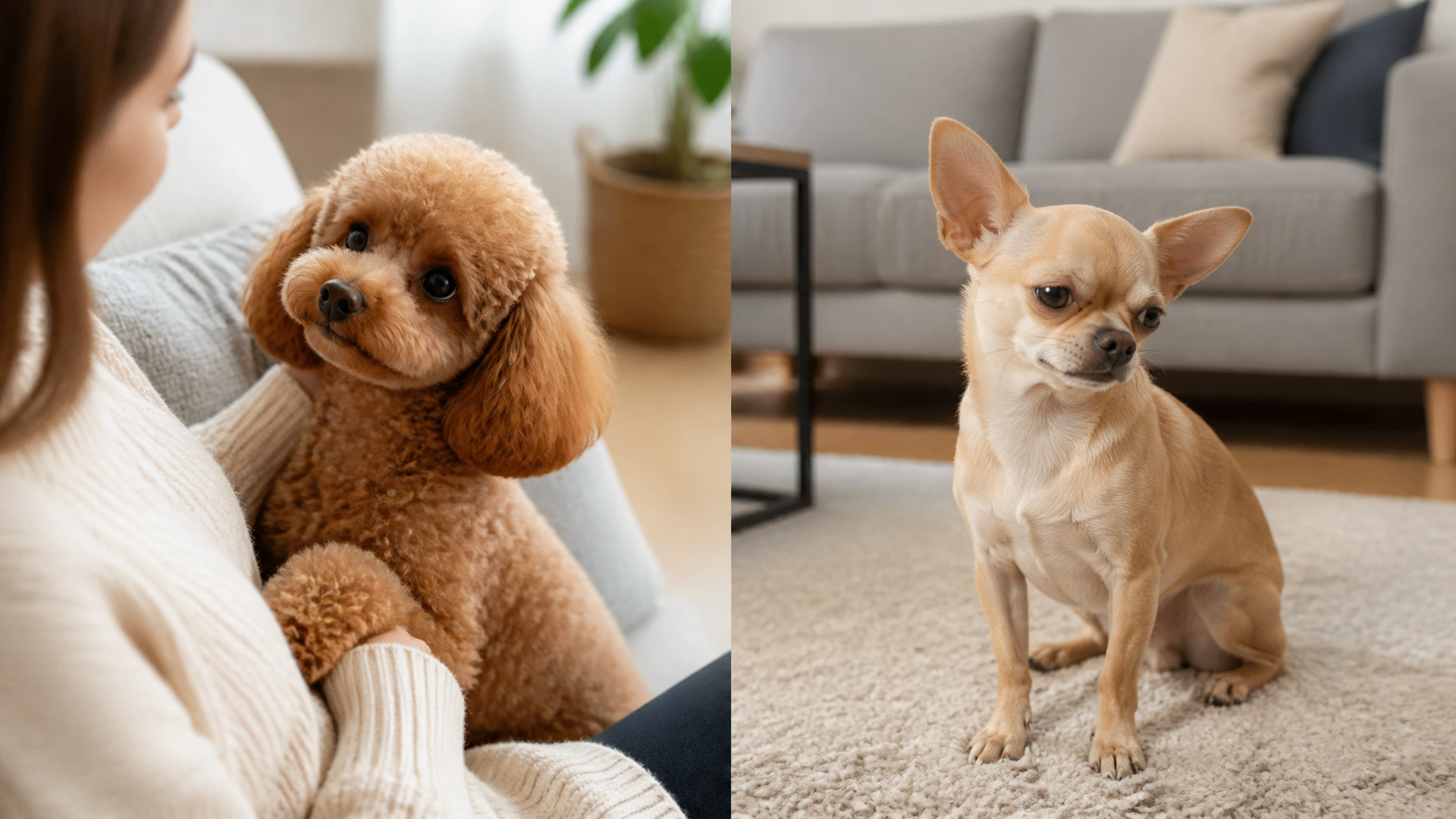 A toy poodle sitting on a couch, looking attentively at its owner with a soft expression