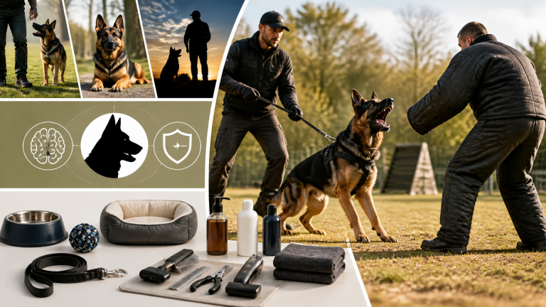 A focused German Shepherd in a training session, wearing a harness and standing alert beside its handler in an outdoor set...