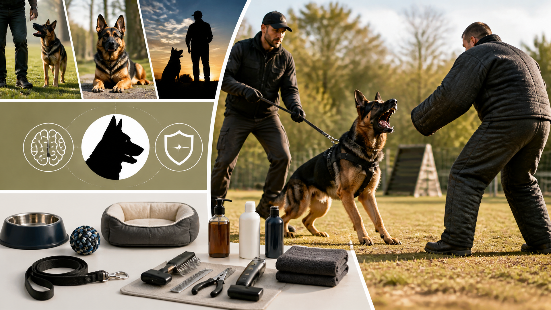 A focused German Shepherd in a training session, wearing a harness and standing alert beside its handler in an outdoor set...