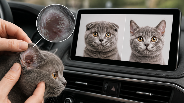 Two Scottish Fold cats side by side, one with folded ears and one with straight ears, showing the difference in ear types.