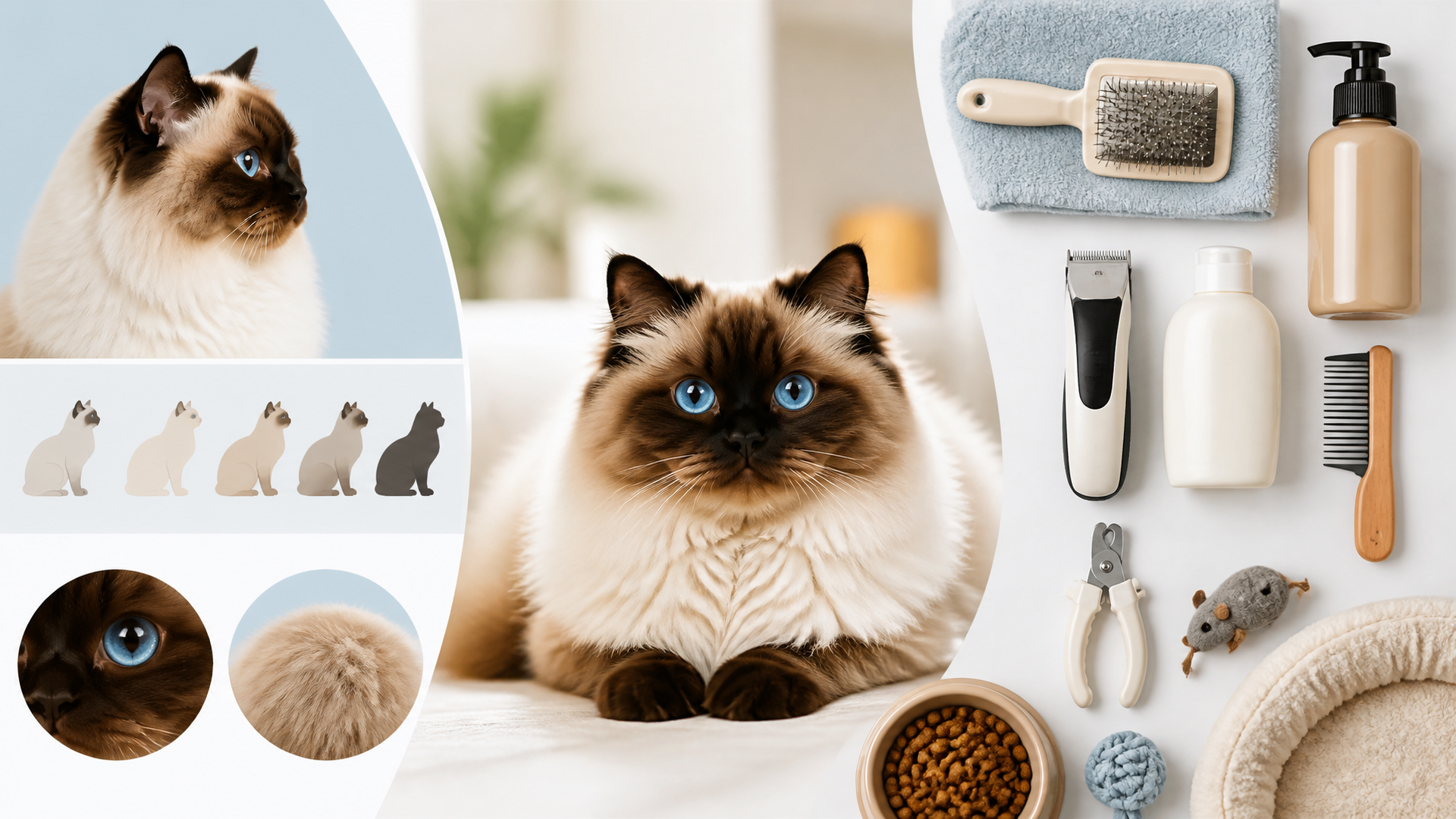 Seal Point Himalayan cat with cream fur, dark brown ears and face, and bright blue eyes sitting on a soft blanket