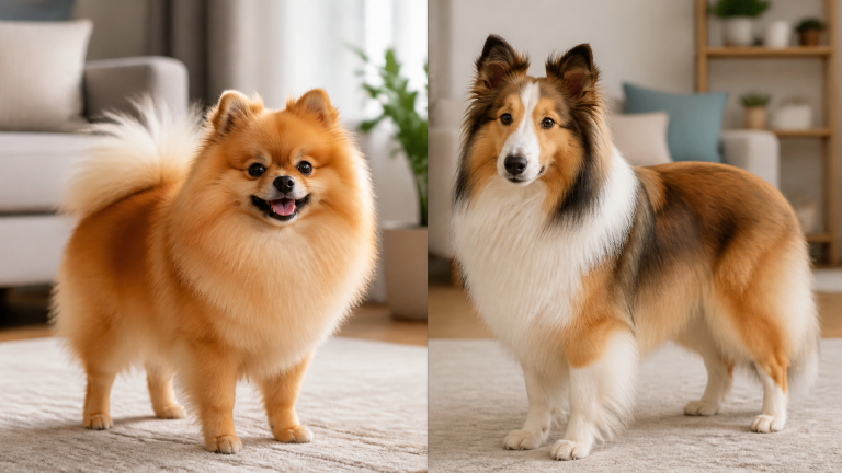 Fluffy Pomeranian Sheltie mix sitting on a grassy lawn, alert expression, pointed ears, thick coat