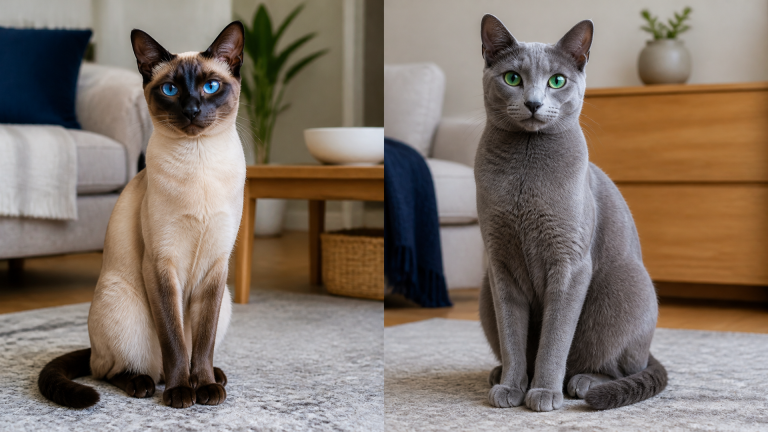 A silver-blue Russian Blue mix cat with vivid green eyes lounging on a soft blanket