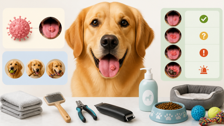 Close-up of a golden retriever's mouth showing a small bump on the tongue, with the dog panting gently.