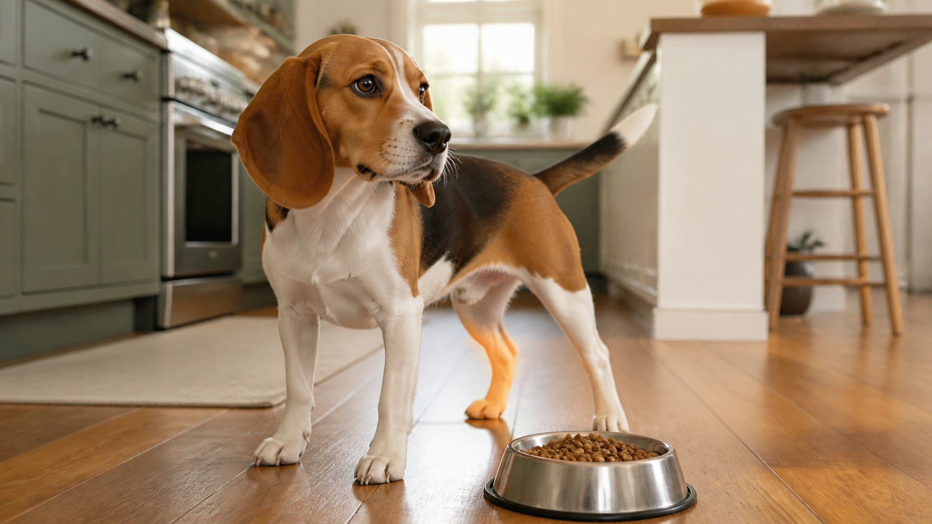 A medium-sized Beagle standing on grass, looking to the side with alert ears and a tricolor coat.