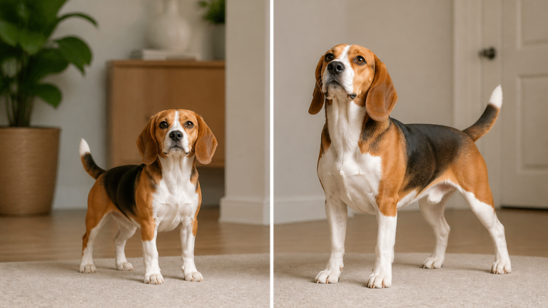 Two Beagles standing side by side, one smaller and one larger, showing height difference