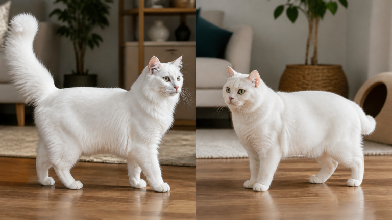 A white male Turkish Angora cat standing sideways against a neutral background, showing its long body and fluffy tail.