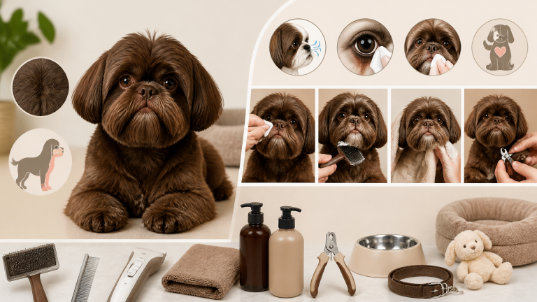 A liver-colored Shih Tzu with a flat snubnose face and chocolate brown coat, looking directly at the camera.