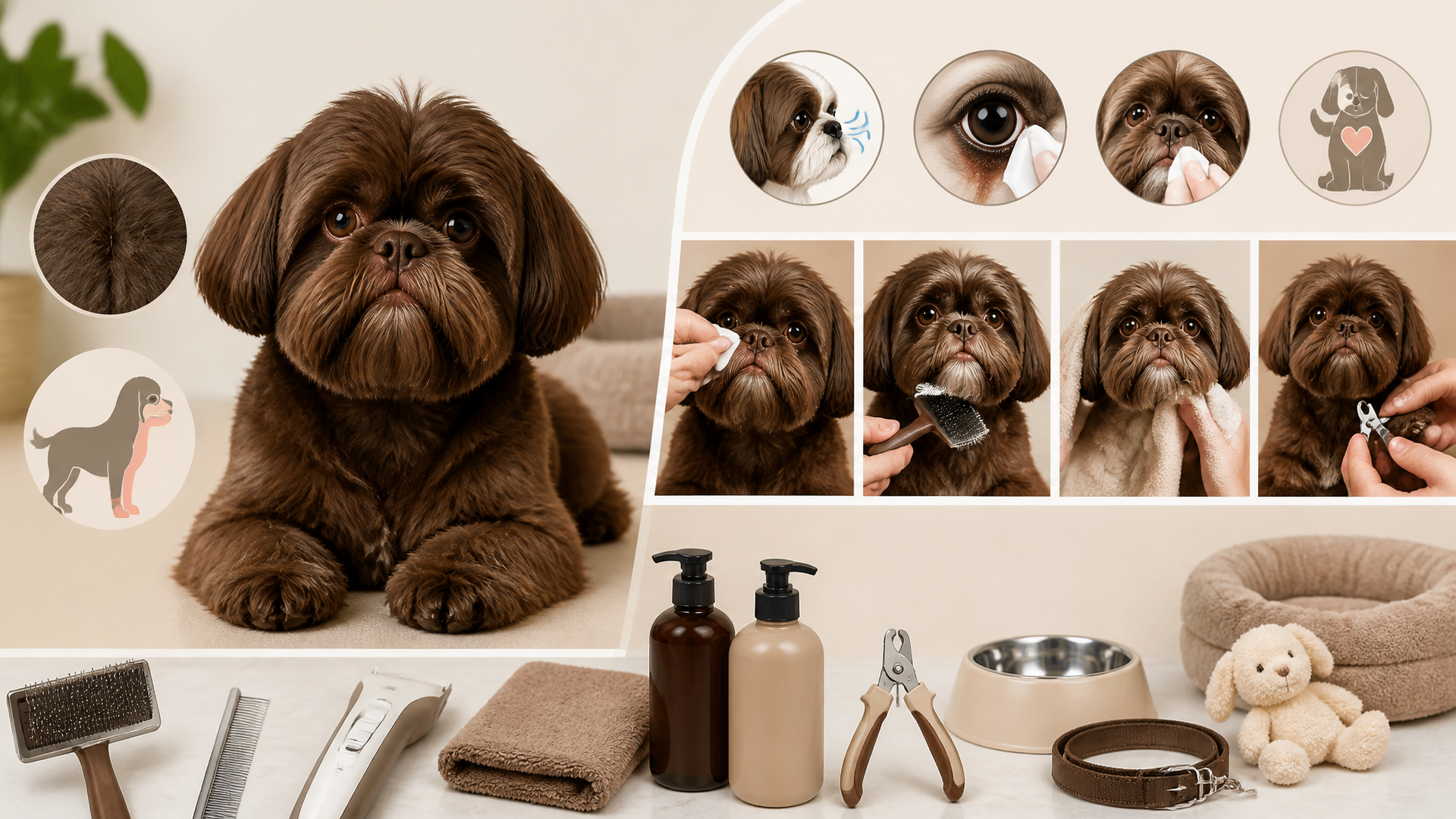 A liver-colored Shih Tzu with a flat snubnose face and chocolate brown coat, looking directly at the camera.