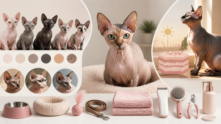 Close-up of a Sphynx cat with light pink skin and blue eyes, showing visible skin color and texture