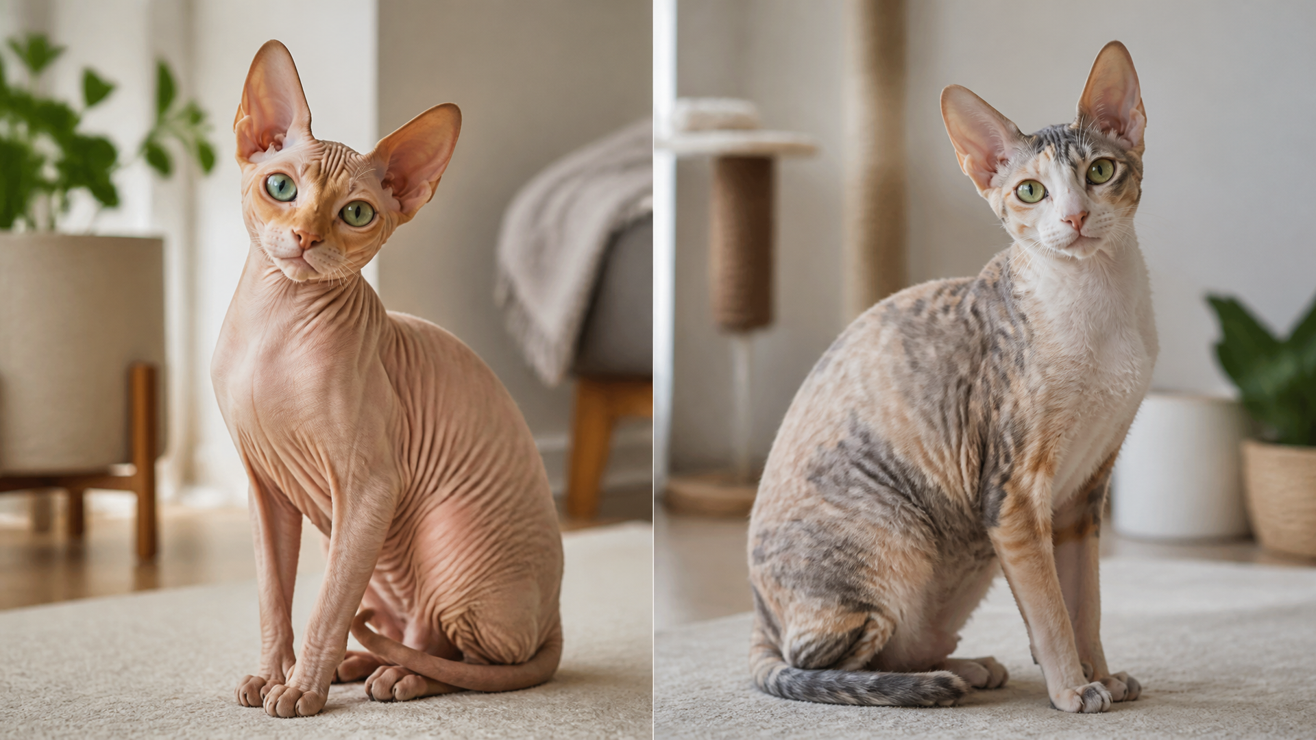 A hairless Sphynx mix cat with large ears and peach-fuzz skin lounging on a soft blanket