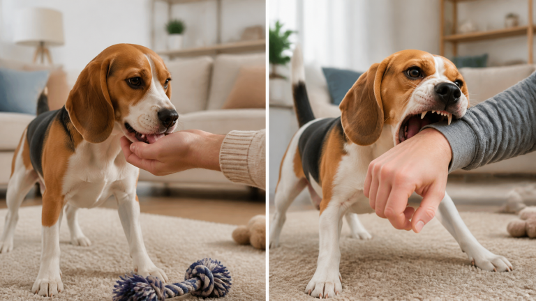 A beagle sitting calmly while a trainer holds a treat near its mouth, demonstrating bite inhibition training.