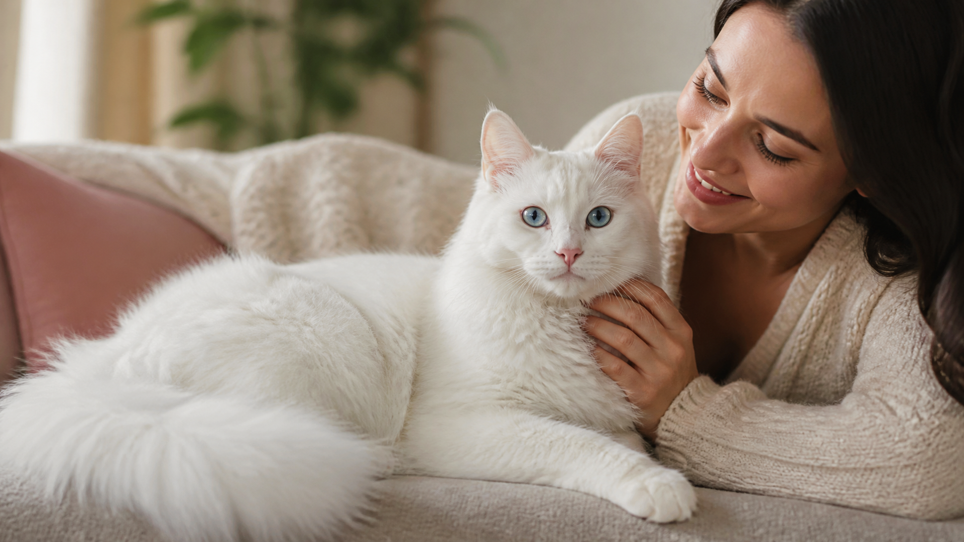White Turkish Angora cat with blue and amber eyes sitting on a soft blanket, looking directly at the camera.