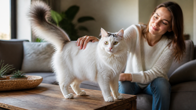 White Turkish Angora mix cat with blue eyes sitting on a sofa, looking at the camera