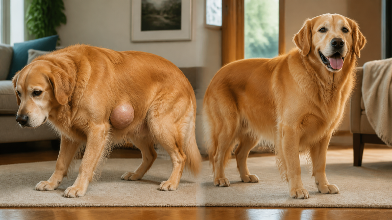 Golden Retriever with a visible lump on its side, standing with difficulty