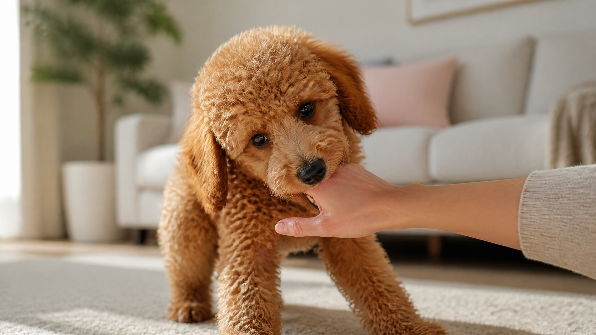 A white poodle puppy gently mouthing a hand, showing teething behavior with soft eyes and relaxed ears.