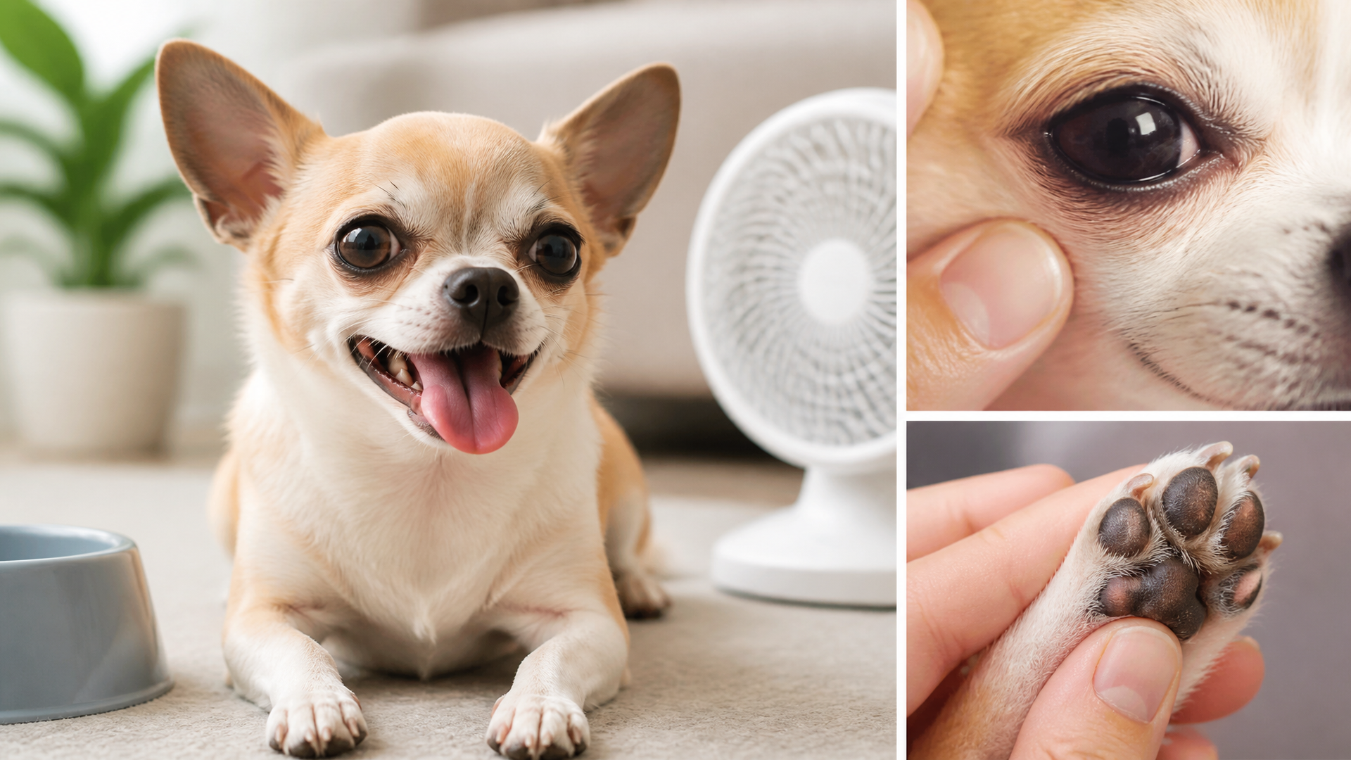 Close-up of a Chihuahua panting with tongue out on a warm day, showing rapid shallow breathing
