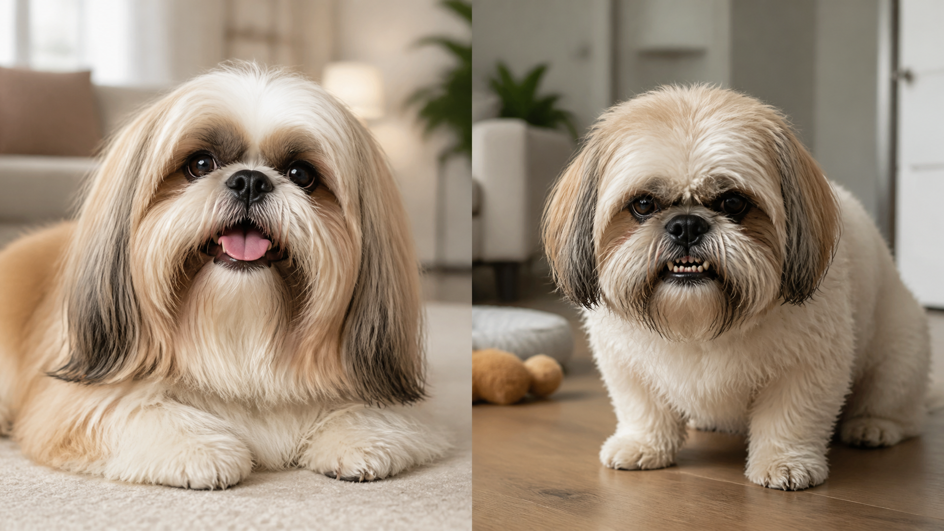 Close-up of a Shih Tzu with a relaxed expression, mouth slightly open, making a low rumbling sound.