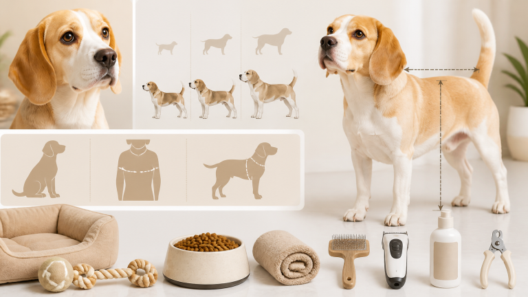 A lemon beagle standing next to a size chart showing height and weight ranges for adult dogs.