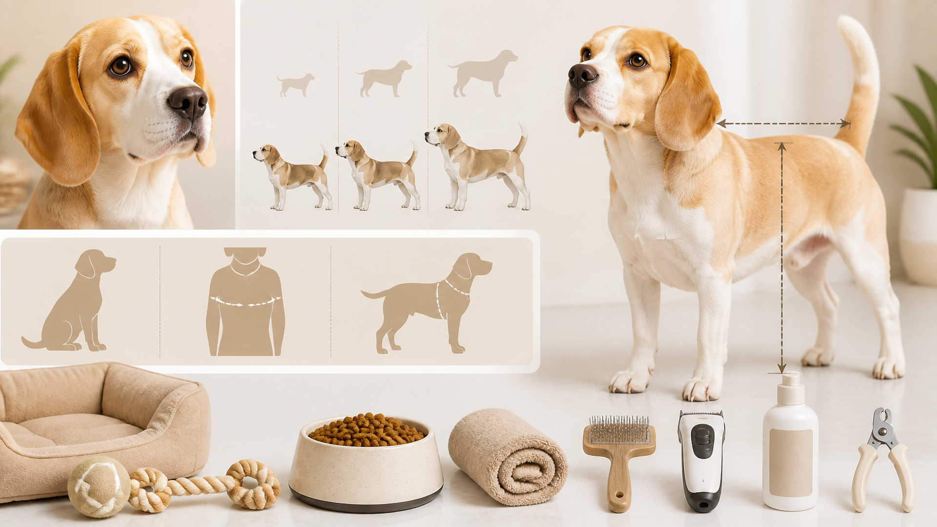 A lemon beagle standing next to a size chart showing height and weight ranges for adult dogs.