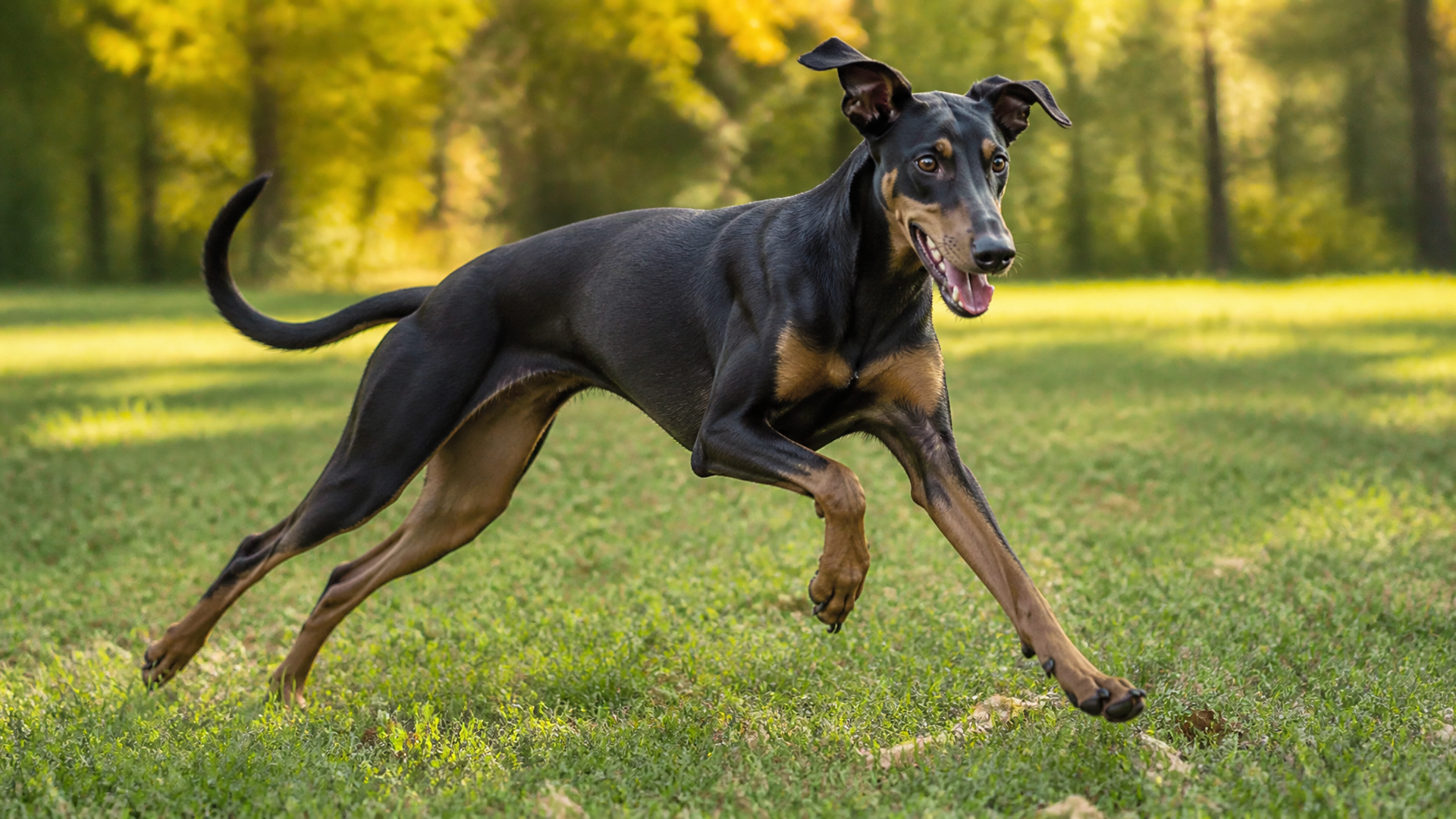 A sleek Doberman Greyhound mix standing alert in a sunlit yard, showing its athletic build and short coat.