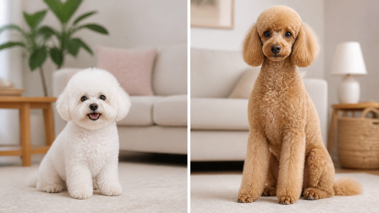 Bichon Poo puppy sitting on a soft blanket, looking at the camera with floppy ears and fluffy white fur.