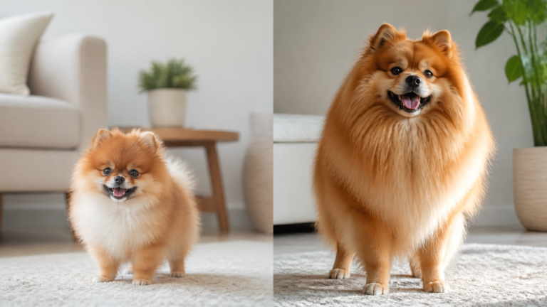 A fluffy big Pomeranian dog sitting on a couch, looking at the camera with a happy expression.