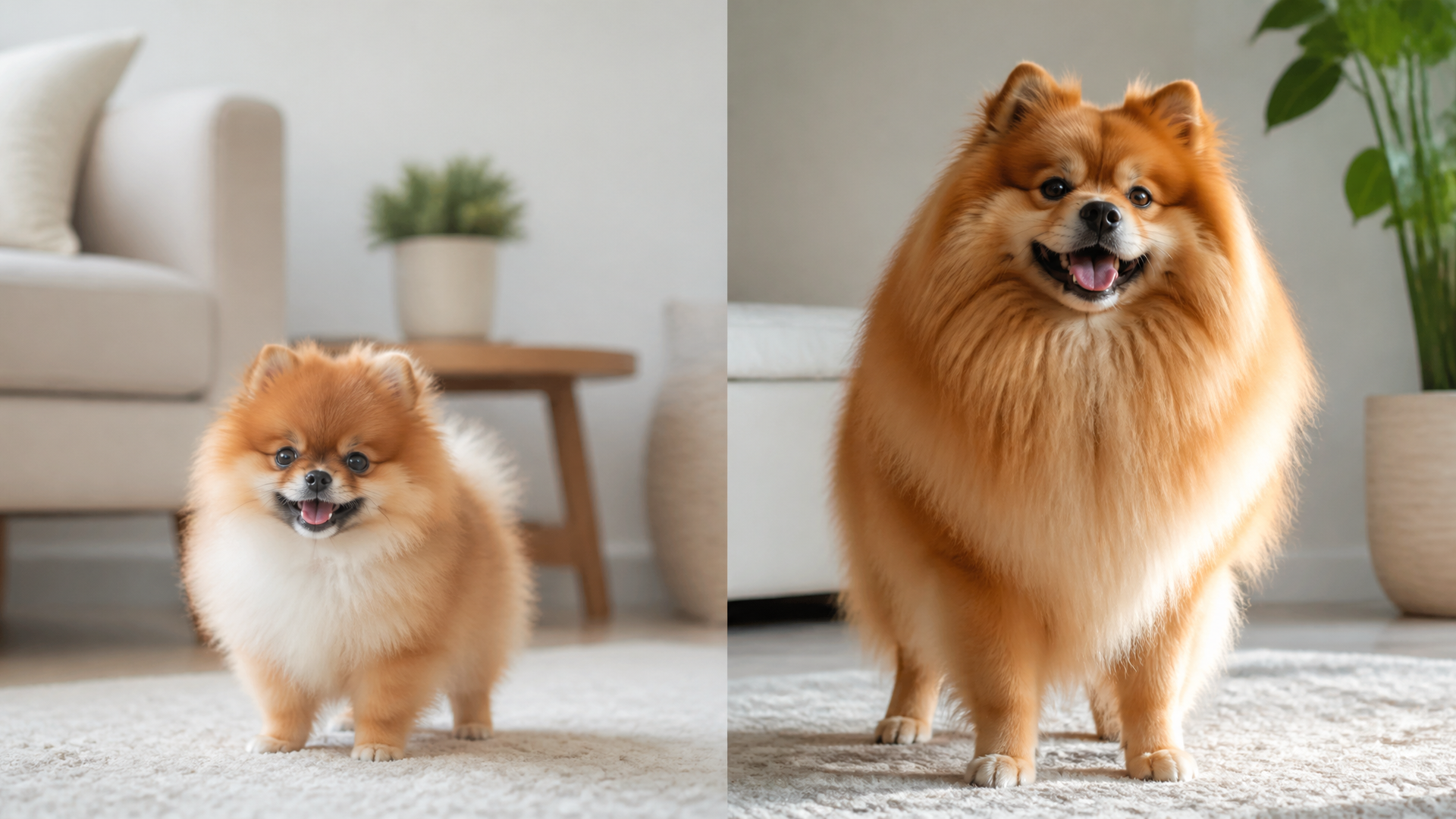 A fluffy big Pomeranian dog sitting on a couch, looking at the camera with a happy expression.