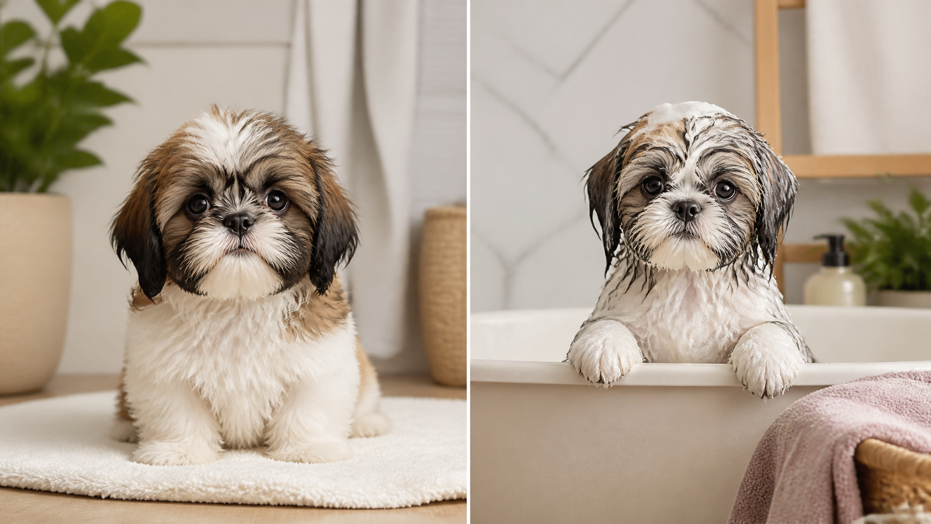 A fluffy Shih Tzu puppy sitting on a towel near a small tub of warm water, ready for its first bath