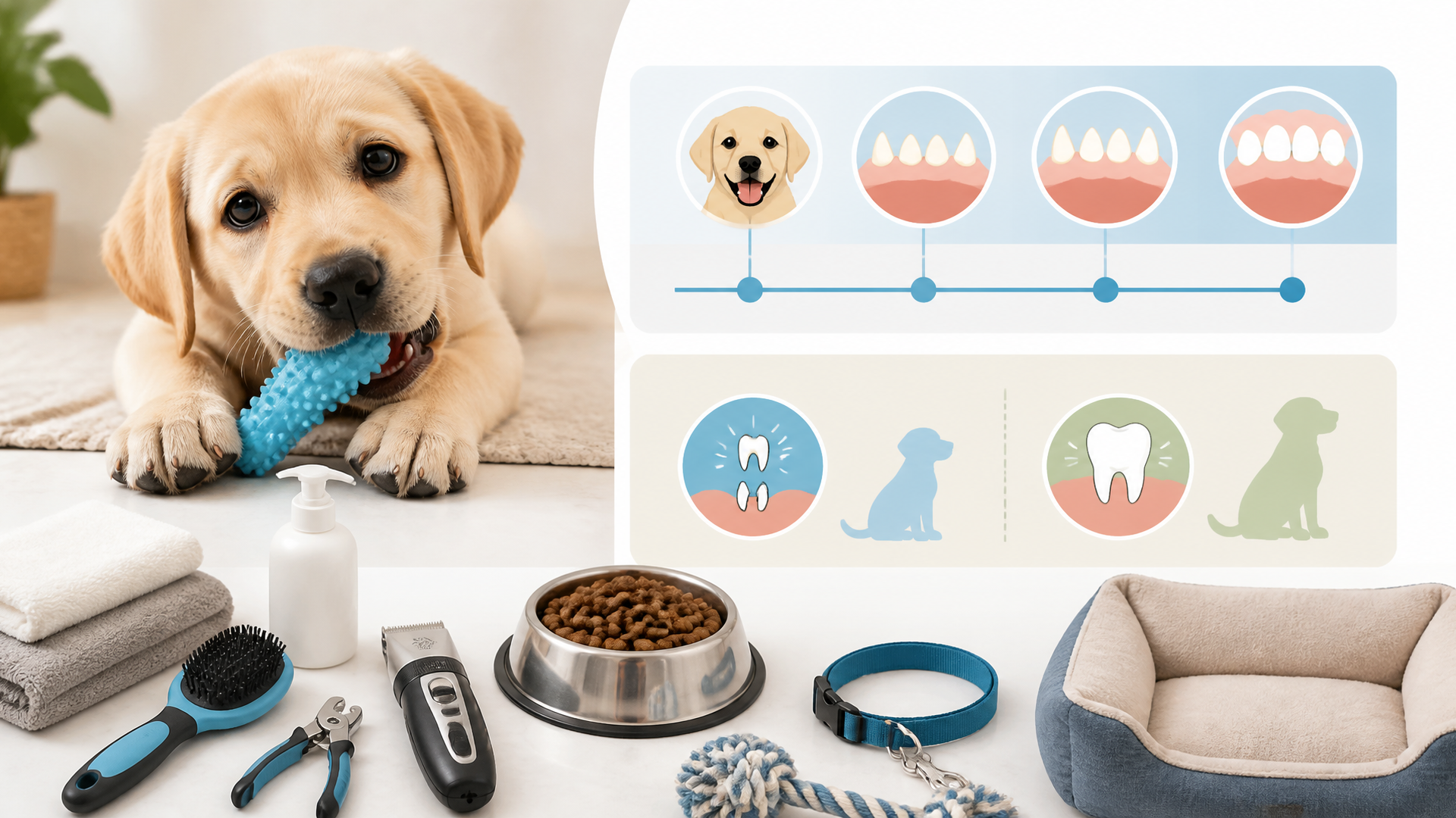 Golden Labrador puppy chewing on a soft rope toy, with a few baby teeth visible on the floor nearby