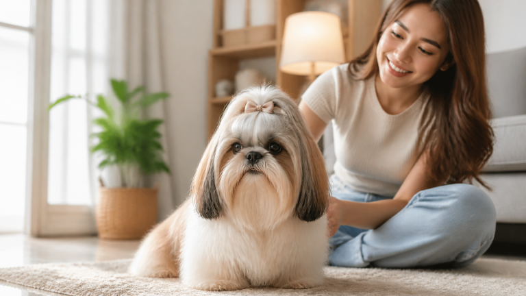 Shih Tzu dog resting on a soft blanket with a calendar and clock nearby, illustrating the ideal spaying age.