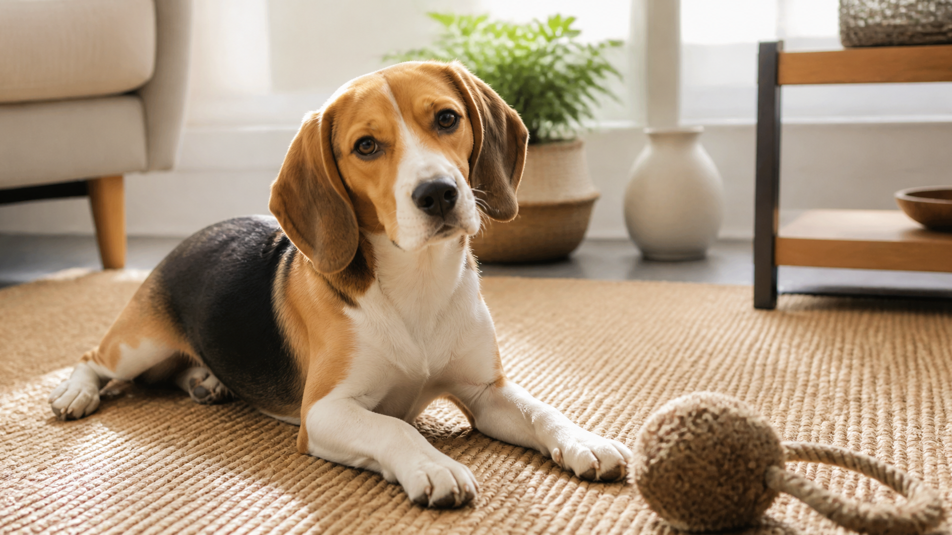 A beagle with soulful eyes and floppy ears sits in a laboratory setting, surrounded by scientific equipment and test tubes.