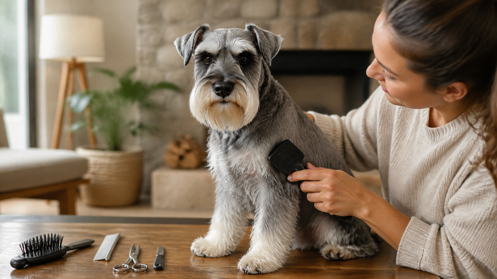 A Miniature Schnauzer with a salt-and-pepper coat standing in a grassy yard, showing the transition from puppy to adult fur.